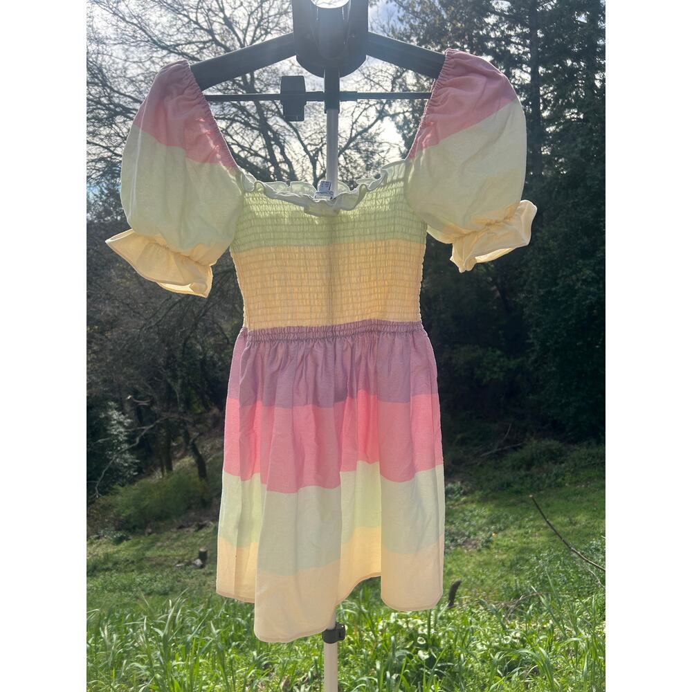 Olivia Rubin Emilie Pastel Rainbow Smocked Mini Dress 0 - Picture 3 of 5